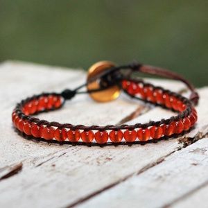 Leather Red Agate Gemstone Bracelet, Boho Jewelry